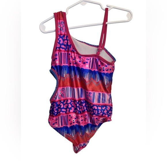 💥kidpik Pink and Blue Patterned One Shoulder Swimsuit Girls 5/6 - Picture 3 of 4